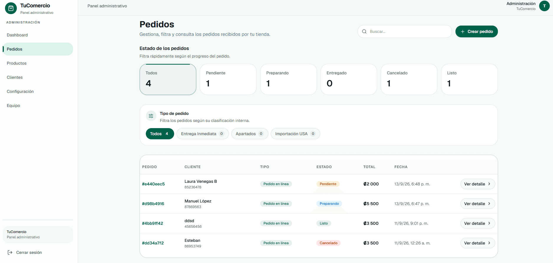 Administración de pedidos en TuComercio